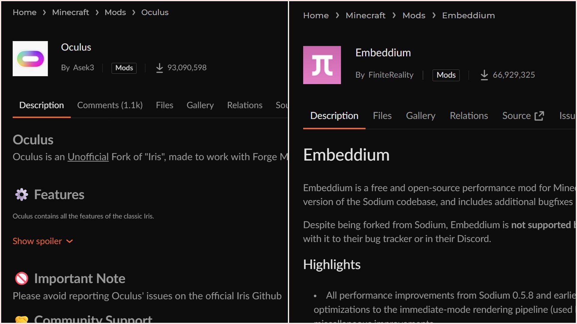 Oculus and Embeddium can be downloaded from the CurseForge website (Image via CurseForge)